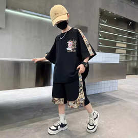 男童夏季套装新中式龙年衣服2024新款中大童男孩夏款t拼接T恤短裤