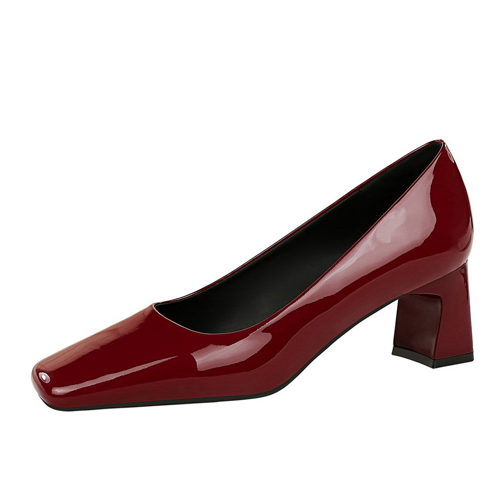 Elegant Women's Square Toe Patent Leather Mid Block Heel Pumps_voghion.com