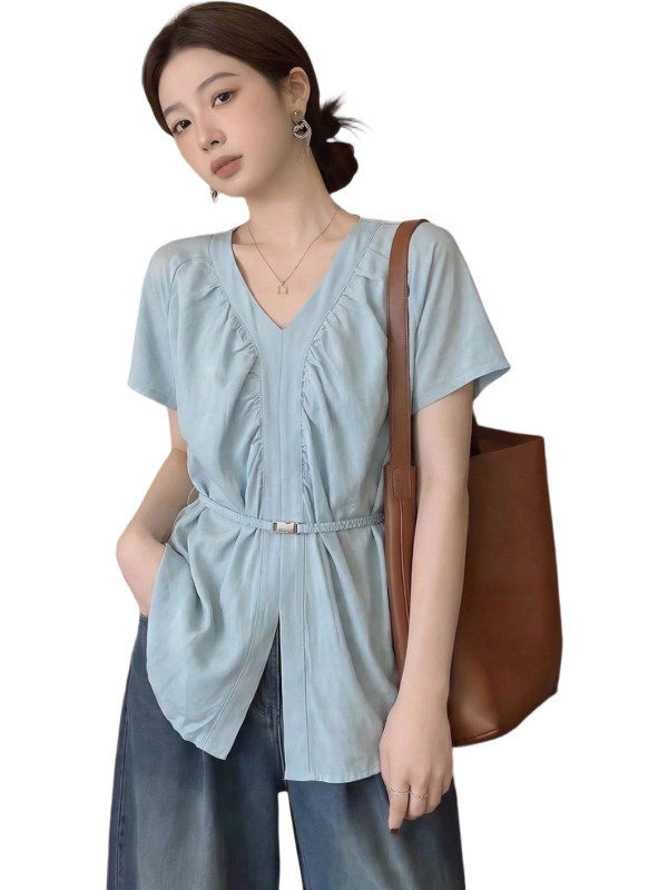 Áo sơ mi nữ cổ V tay ngắn phong cách Hàn Quốc đơn giản, chất liệu cotton thoáng mát — xanh lam