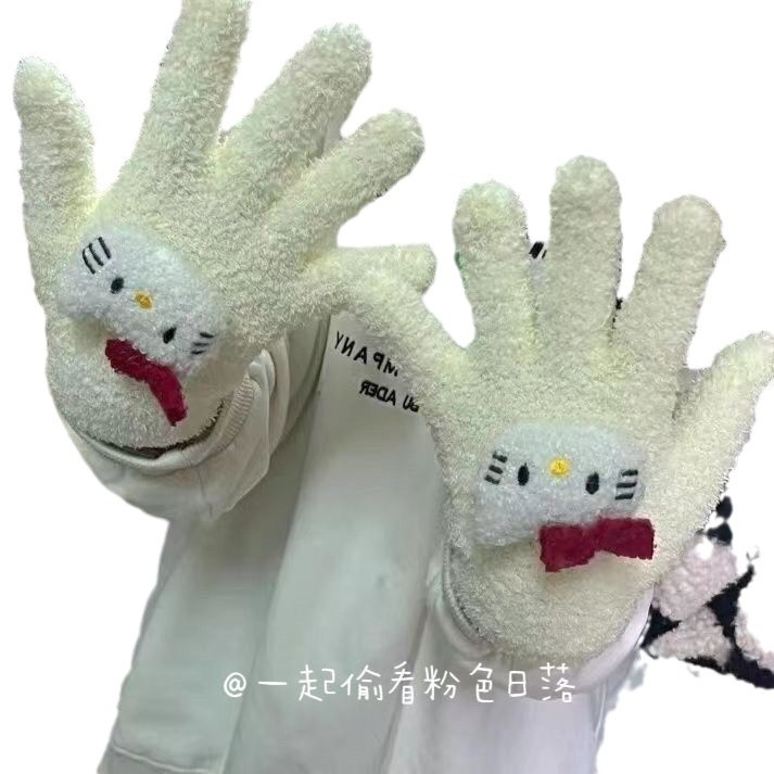 헬로 키티 장갑과 함께 작은 빨간 책 겨울 따뜻한 산호 양털 사탕 컬러 봉제 5 손가락 고등학교 학생 조수