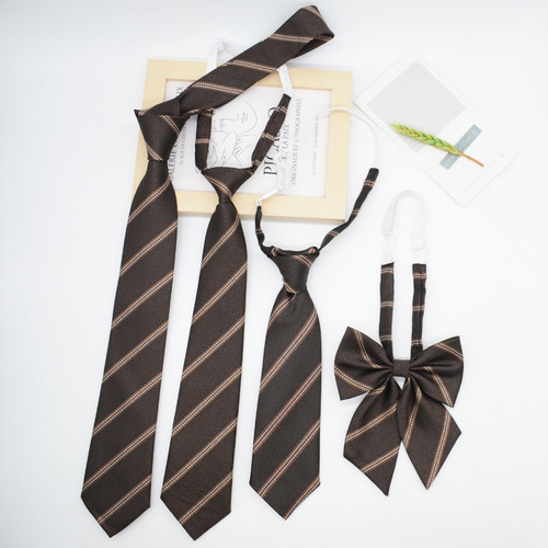 JK Necktie for Women - Korean Version, Japanese School Style, Coffee Striped, Hand-Tied, School Uniform, No-Knot, Short, Student Trendy