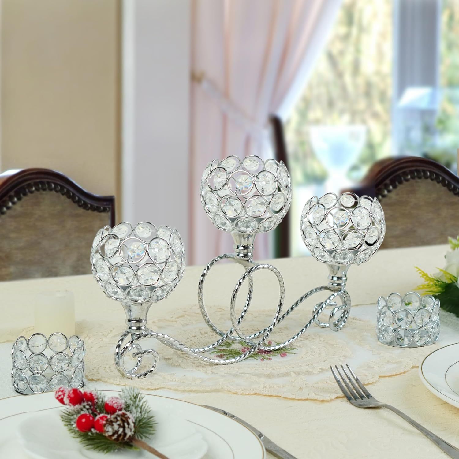 Enchapado de metal moderno nórdico 3 cabezas 5 brazos combinación candelabro de cristal elegante mesa de boda centro decoración candelabro
