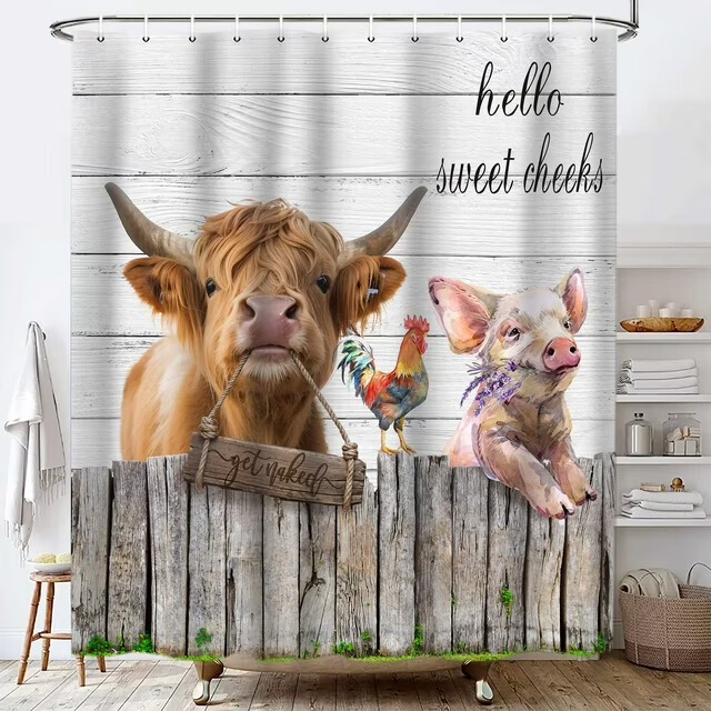 Farm Shower Curtain Highland Cow Bathroom Shower Curtain Country Chicken Pig Animal Farmhouse Bathroom Decor Design Bathroom Fabric