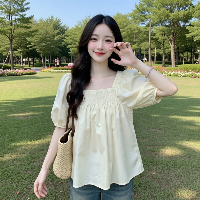 Super Fairy-Like Solid Color Fresh Square-Neck Short-Sleeve Shirt for Women, Summer College Style Doll Shirt with Clavicle Puff Sleeves, Short Top Super Fairy-Like Solid Color Fresh Square-Neck Short-Sleeve Shirt for Women, Summer College Style Doll Shirt with Clavicle Puff Sleeves, Short Top