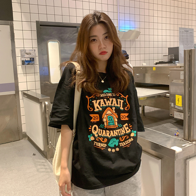 Cotton Contrast Color Letter Printed Short-sleeved T-shirt Women's 2022 Spring and Summer New BF Style Loose Slimming Student Top Trendy