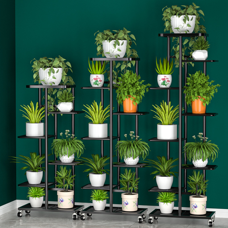Estantes de flores de hierro en la Sala de estar balcón estantes de flores plegables multifuncionales estantes de macetas de flores de Luo verde estantes de macetas interiores de varias capas
