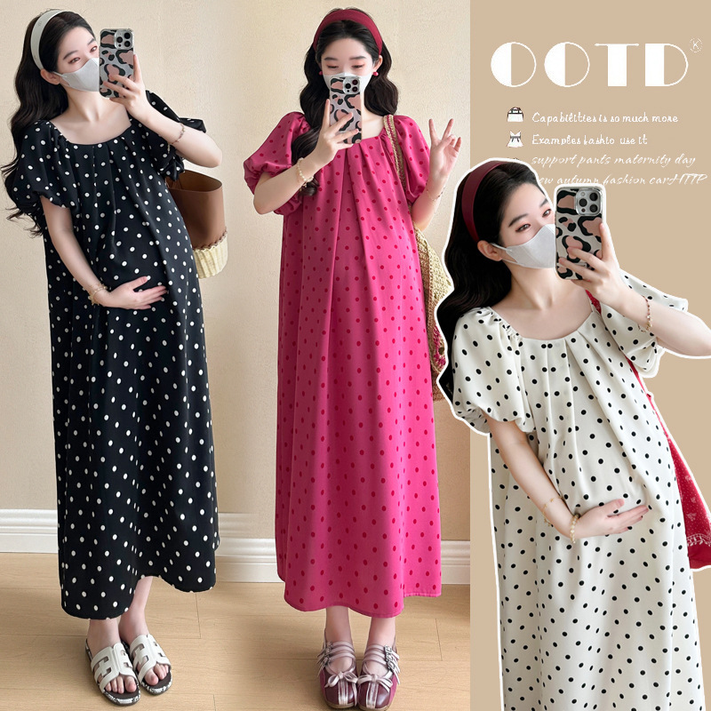 Pregnant Women's Summer dress Fashionable New Over-the-knee Long Dress Wave Dot Elegant High-end Sense Loose Fashionable Mom's Summer Skirt Pregnant Women's Summer dress Fashionable New Over-the-knee Long Dress Wave Dot Elegant High-end Sense Loose Fashionable Mom's Summer Skirt