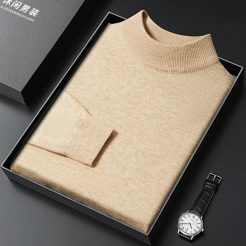 Men's Half Turtleneck Knitwear Autumn and Winter New Casual Thickeneded Inner Wear for Young and Middle-Aged Pure Color Pullover Bottoming Knitwear