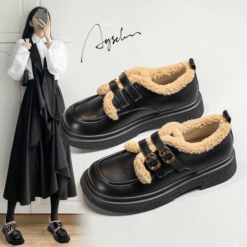 Mocasines estilo británico Augusden para mujer, modelo 2025, zapatos de cuero con tacón grueso, zapatos retro de invierno con forro de felpa, zapatos modernos de una sola pieza