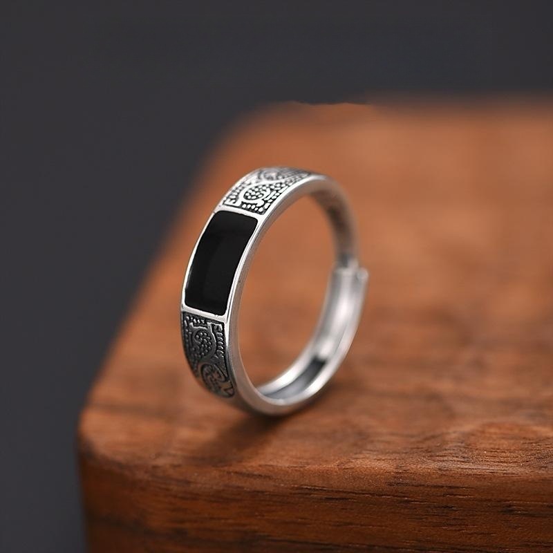 ethnic retro rectangular black fashionable trend small design ring
