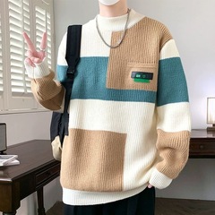 2025冬季新款男士内搭半高领加厚打底针织衫青少年个性拼接保暖圆