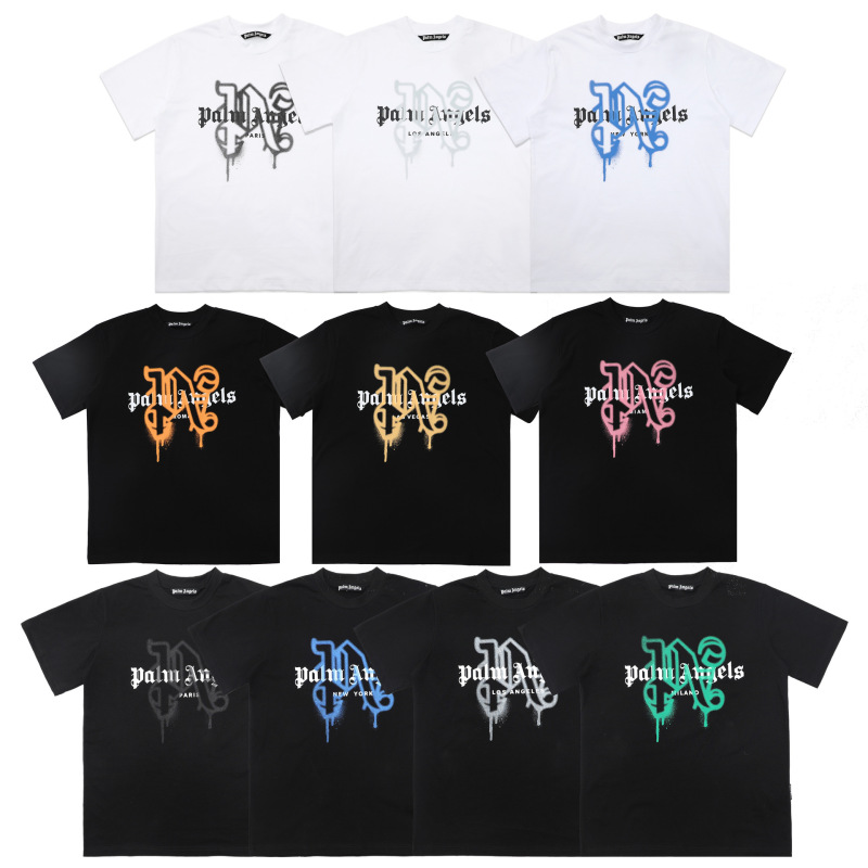 24S Cross-Border European and American Trendy Brand Palm Angels Graffiti Paint Letter Print Short-Sleeve T-Shirt Unisex High Street Half-Sleeve Shirt