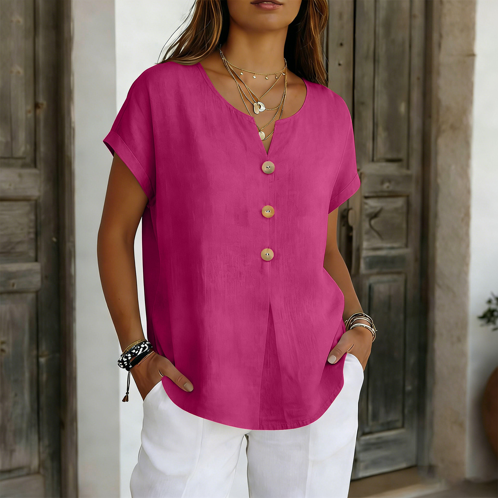 Breathable Button-Front V-Neck Blouse, Loose Fit Short Sleeve Top For Women, Soft Polyester Casual Shirt For Work And Daily Wear_ecoleips.com