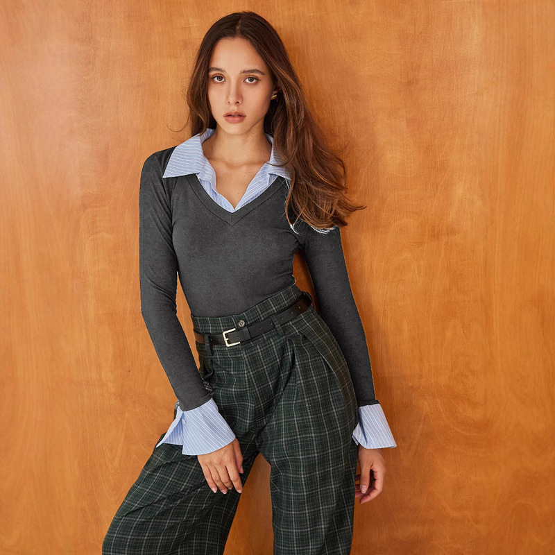 European and American foreign trade women's shirt new fashion long sleeve lapel fake two women's base shirt top
