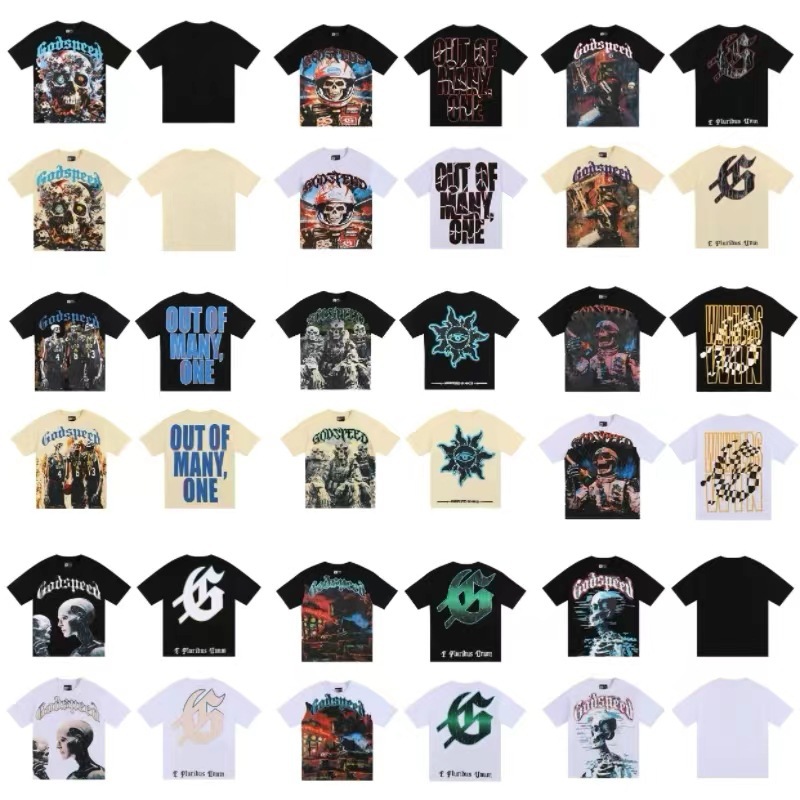 跨境美潮Godspeed集合人像字母印花高品质双纱休闲短袖T恤男女ius