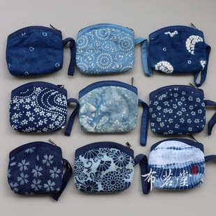 Blue dyed printed handbag zipper pouch