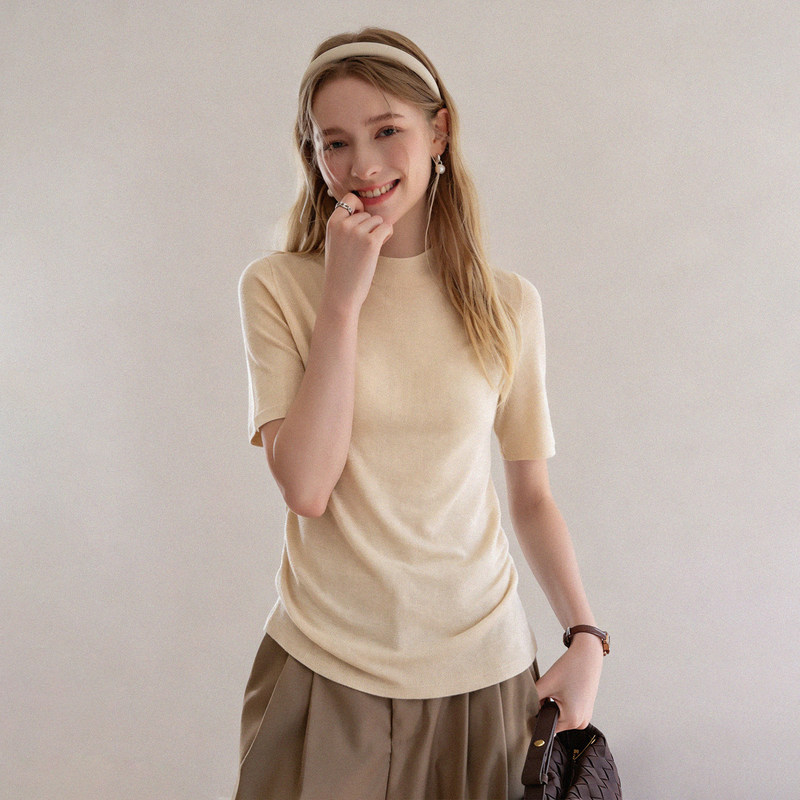 French-Style Round Neck, Regular Shoulder, Thin Mid-Sleeve Knit Top for Women, Summer 2026 New Model, Lyocell Tencel, Elegant Slim-Fit Top French-Style Round Neck, Regular Shoulder, Thin Mid-Sleeve Knit Top for Women, Summer 2026 New Model, Lyocell Tencel, Elegant Slim-Fit Top