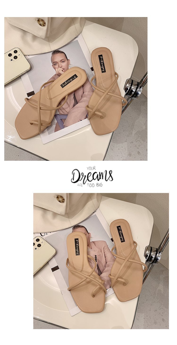 Hausschuhe im Feenstil, neue Oberbekleidung für Damen im Sommer 2024, koreanische Version, schlichter und schmaler Riemen mit quadratischer Zehenpartie und flachem Boden_voghion.com