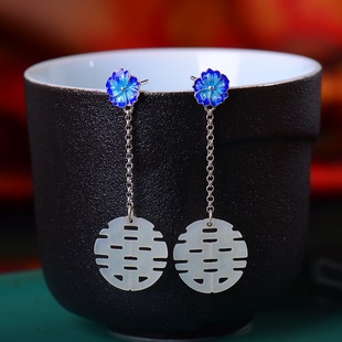 S925 Silver Hetian Jade-type Retro Versatile Women's Double Happiness Earrings Earrings Earrings Vintage Trend Fashion Accessories