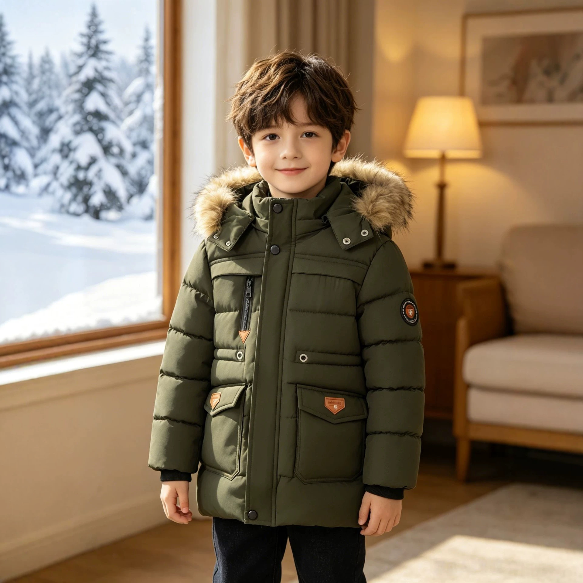Winter New Boys' Cotton-padded Clothes Korean Style Middle and Large Children's Thickened Down Cotton Mid-length Fleece-lined Cotton-padded Jacket