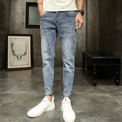 Men's Summer Jeans Trendy Slim Straight Leg Korean Style Casual 9-inch Elastic Pants