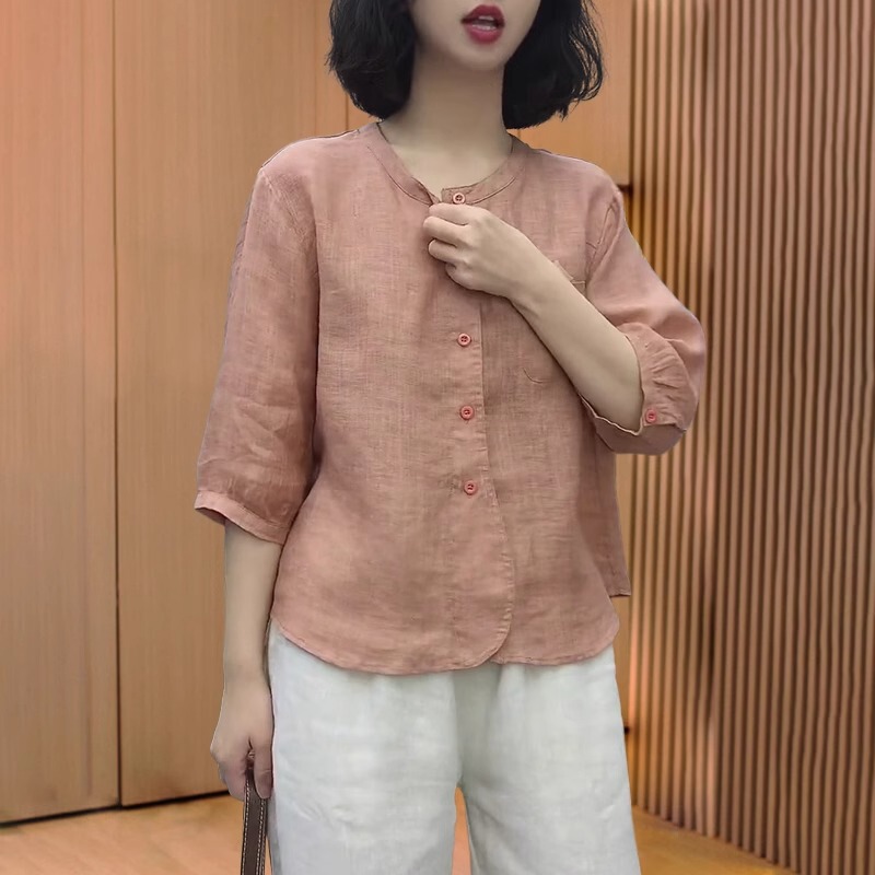 綿麻リネントップスレディース高級シャツ2025新作レディース夏大きいサイズお腹カバー七分袖ラミーシャツ|undefined