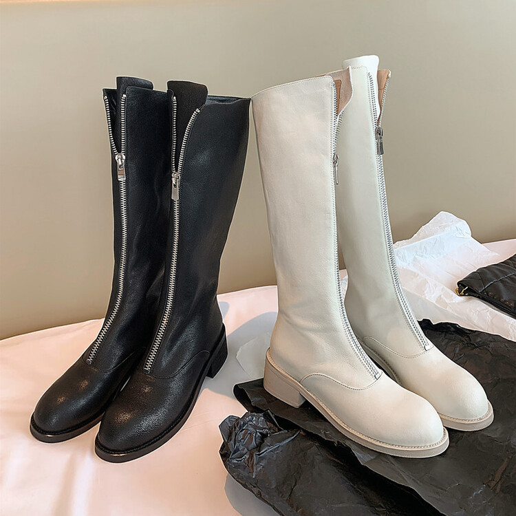 Sheepskin front zipper boots Women's slimming high boots autumn and winter new solid color round toe thick mid heel casual knee-high boots women
