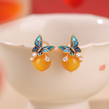 悦宝珠宝S925蜜蜡纯银镀金蓝蝴蝶圆珠珐琅耳钉国风中式银耳钉批发