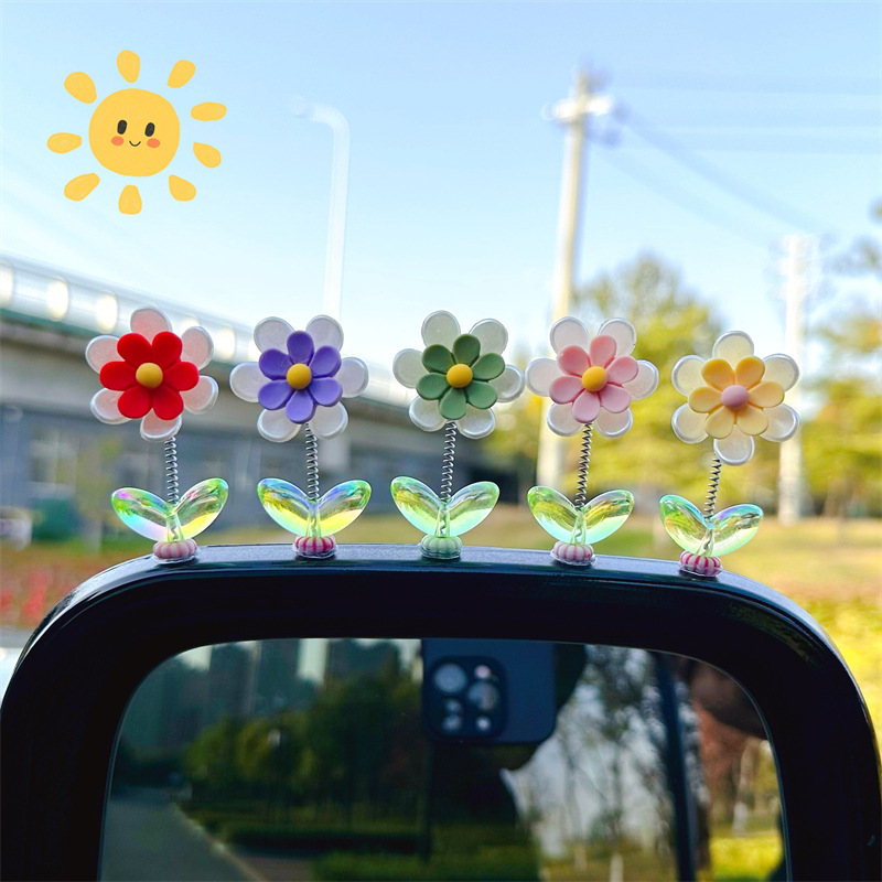 Celebridades de Internet lindas sacudiendo la cabeza margarita adornos de coche flores frescas adornos de espejo retrovisor de consola central de coche