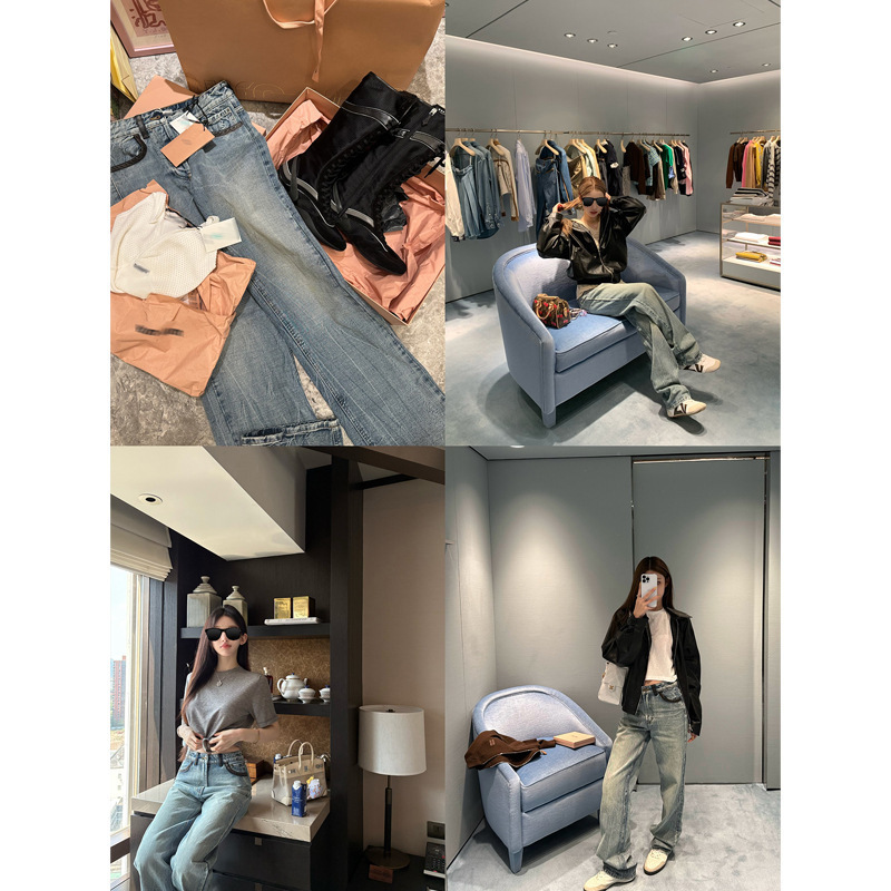 Good Morning Fan Fan "M1U Series Leather Denim" Washed Blue Slim Straight Jeans Women's Autumn Versatile Long Pants