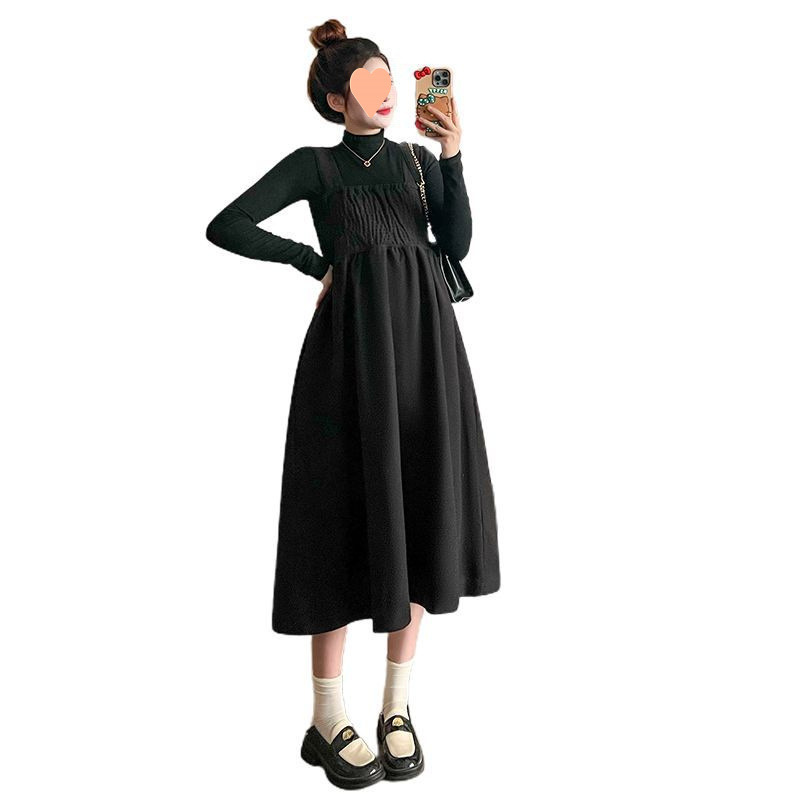 임산부 옷 가을 드레스 슈트 네트 셀러브리티 하프 터틀넥 상의 중간 길이 울 오버올 스커트 가을과 겨울