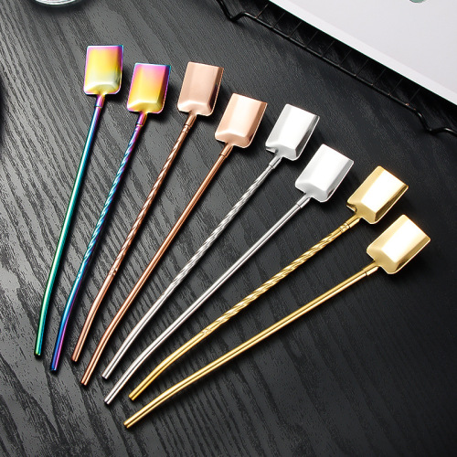 Cross-border 304 stainless steel straw spoon creative threaded watermelon spoon milk tea coffee dessert square spoon pointed spoon stirrer