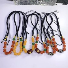 复古民族风项链仿蜜蜡几何吊坠颈链锁骨链女手工编织毛衣链配饰百