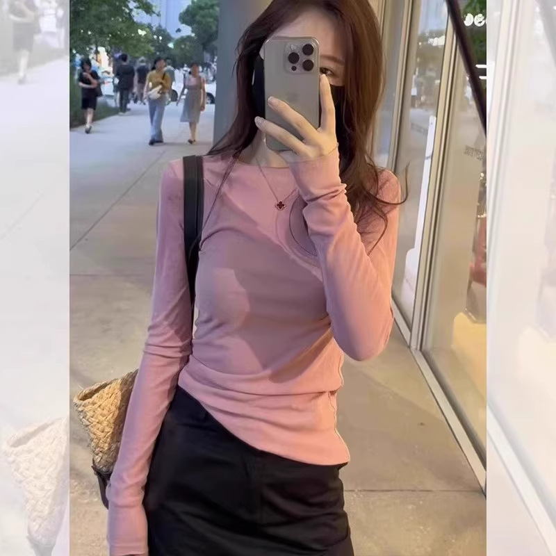 韩系蓝色针织长袖上衣女2025年早秋穿搭小个子修身显瘦内搭打底衫|undefined