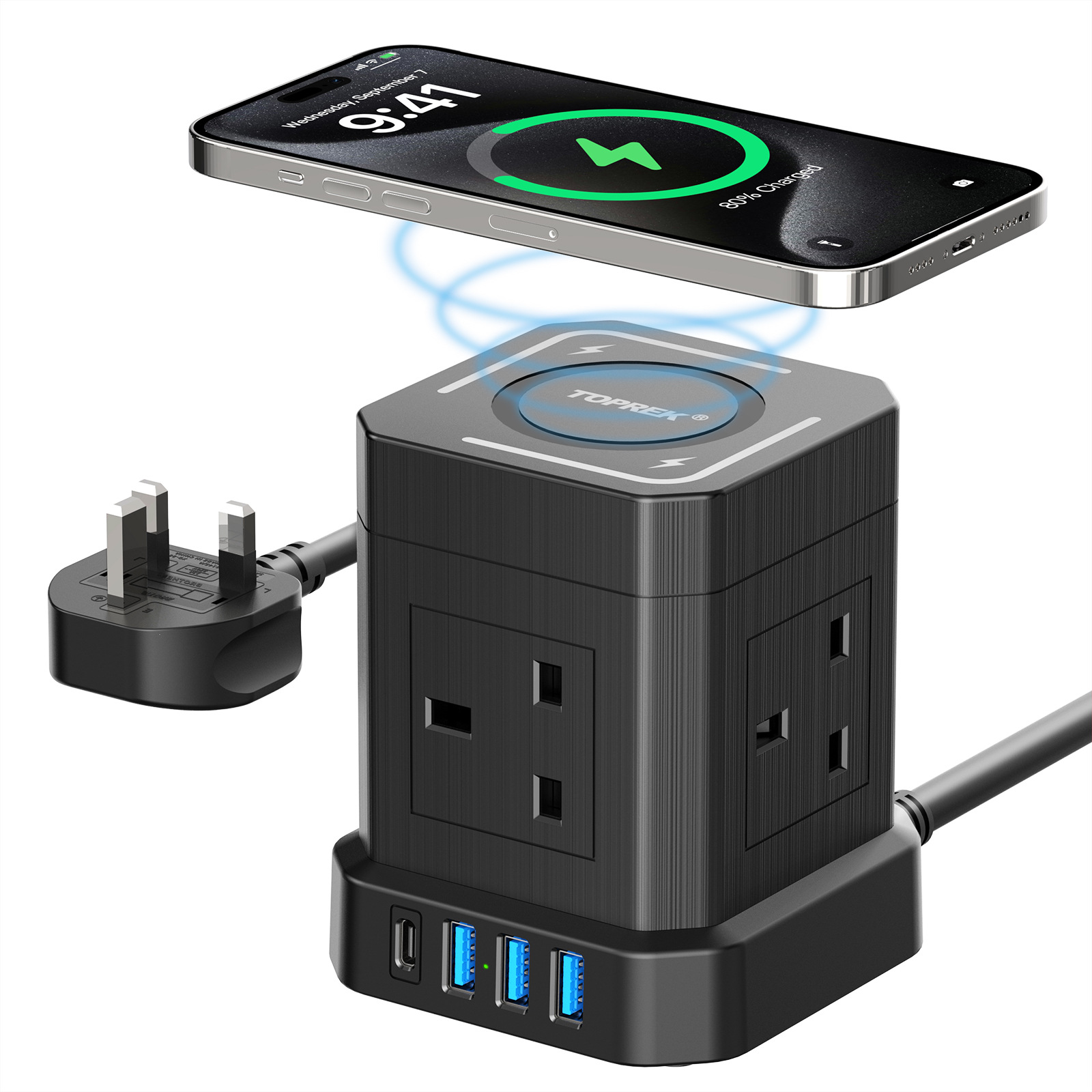 创意新款小巧魔方设计英规4孔排插插座带15W无线充家用办公便携式