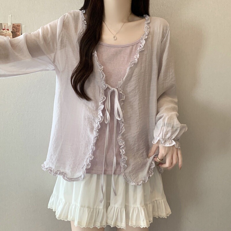 Gentle Ruffled V-Neck Shirt for Women, Summer Thin Style, Plus Size, Tie-Front Cardigan, Sun Protection Jacket Top Gentle Ruffled V-Neck Shirt for Women, Summer Thin Style, Plus Size, Tie-Front Cardigan, Sun Protection Jacket Top