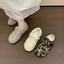 平底棉鞋女鞋圆头娃娃鞋一字扣带加绒保暖毛毛鞋可爱爆款雪地棉潮