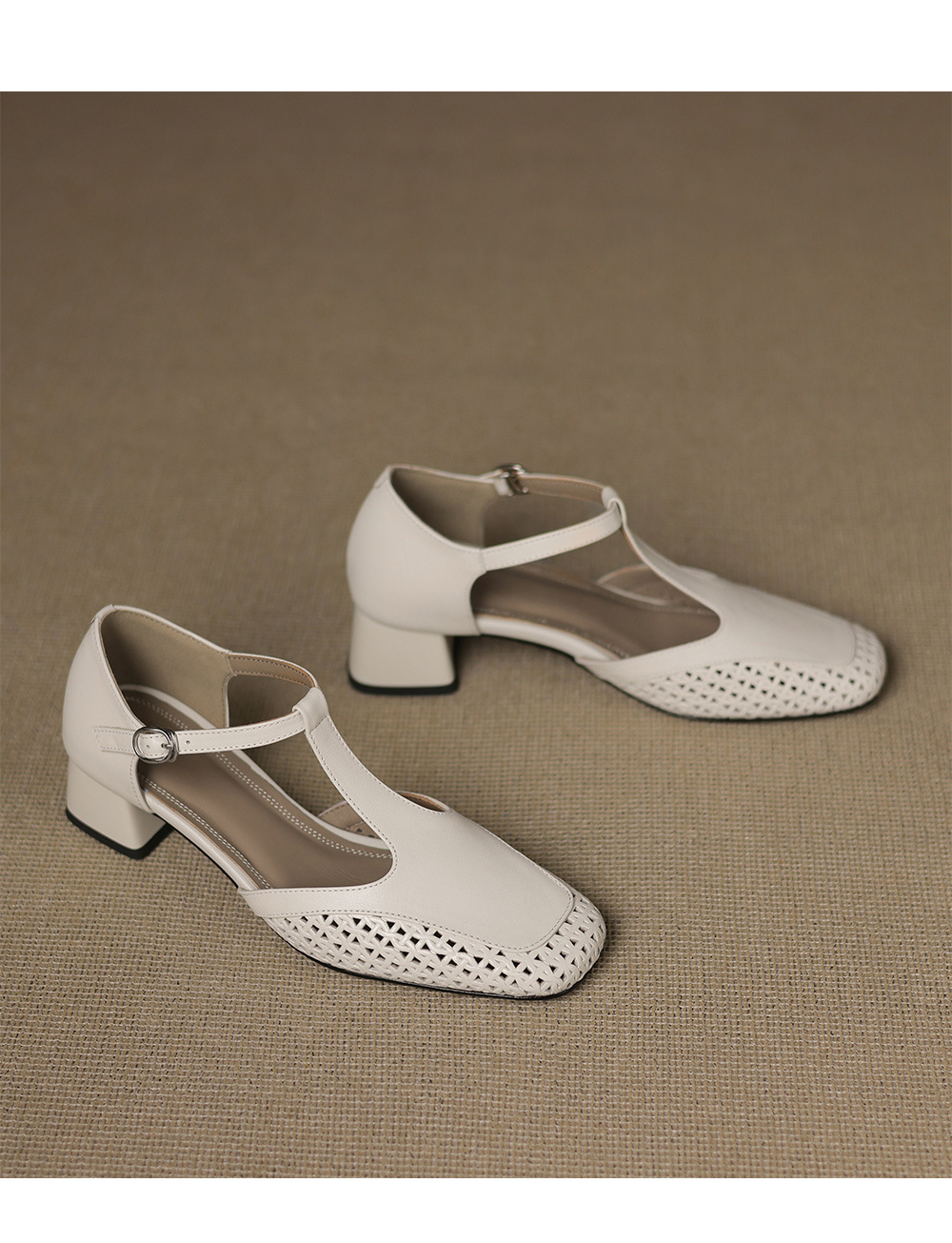 Sandal quai chữ T bít mũi da bò lớp đầu gót thô 4cm đục lỗ thoáng khí — Màu đen chi tiết 19