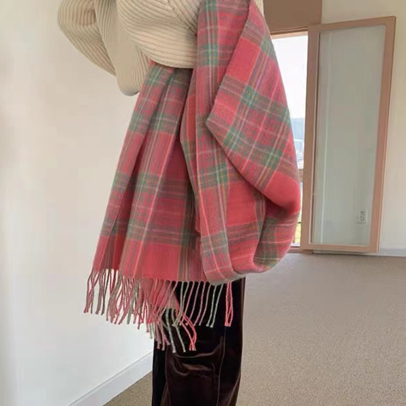 韩国东大门代购格子围巾女 冬季新款仿羊绒格纹流苏大披肩