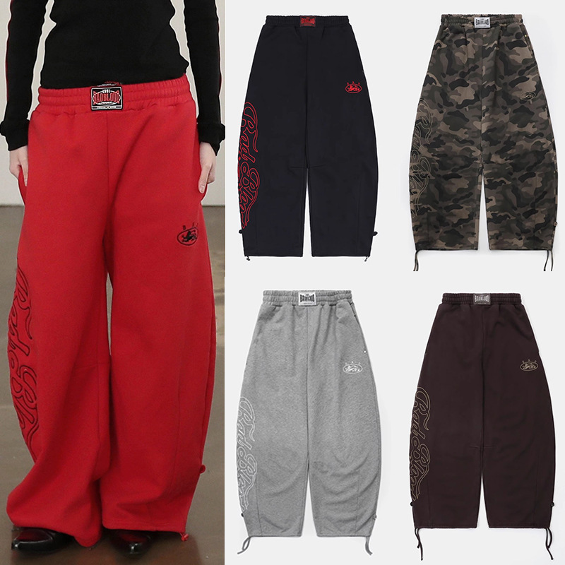 Badblood American Retro Camouflage Embroidery Casual Scimitar Pants Unisex Loose Floor-Length Dance Wide-Leg Sweatpants