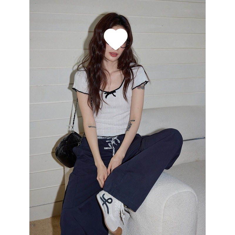 吵吵家气质大领口轻薄短袖针织衫女修身正肩T恤设计感黄色上衣|undefined