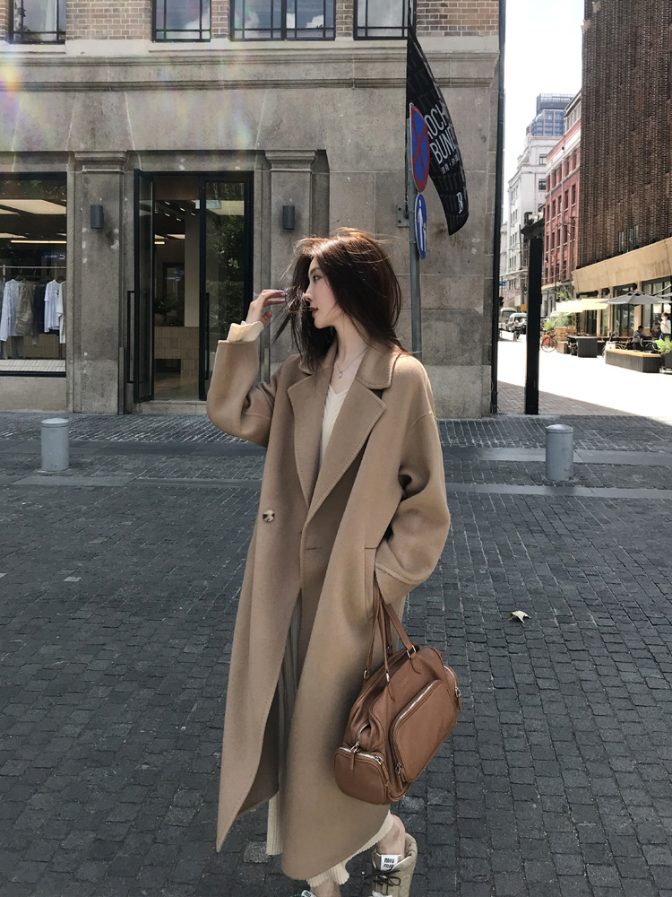 Otoño y invierno nuevo 100% abrigo de lana australiana de doble cara mujer alargada traje suelto cuello de cachemira abrigo de alta sensación