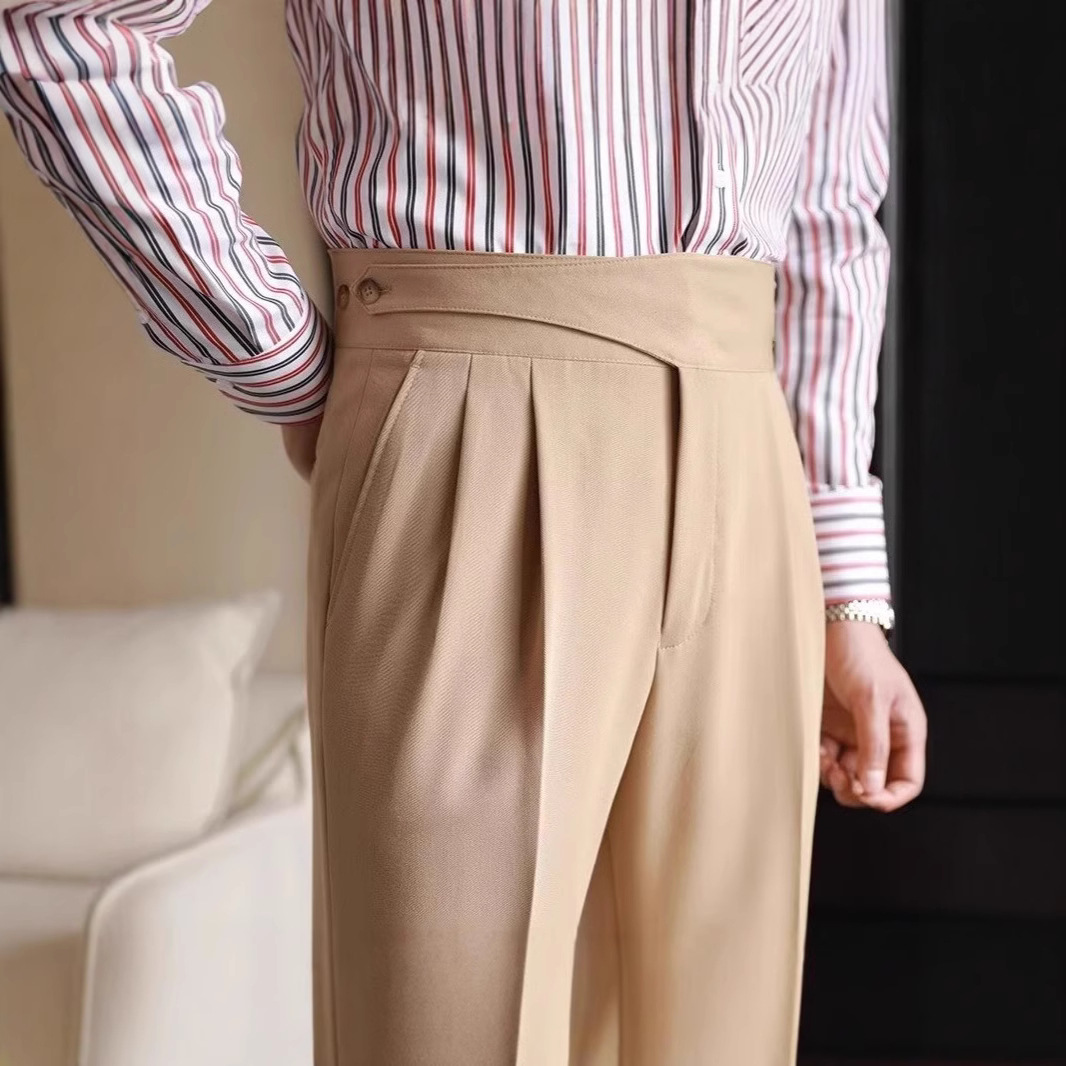 Casual High Waist Pants Men's Spring and Summer Business Paris Buckle Straight All-match Pants Neapolitan Dape Non-ironing Pants