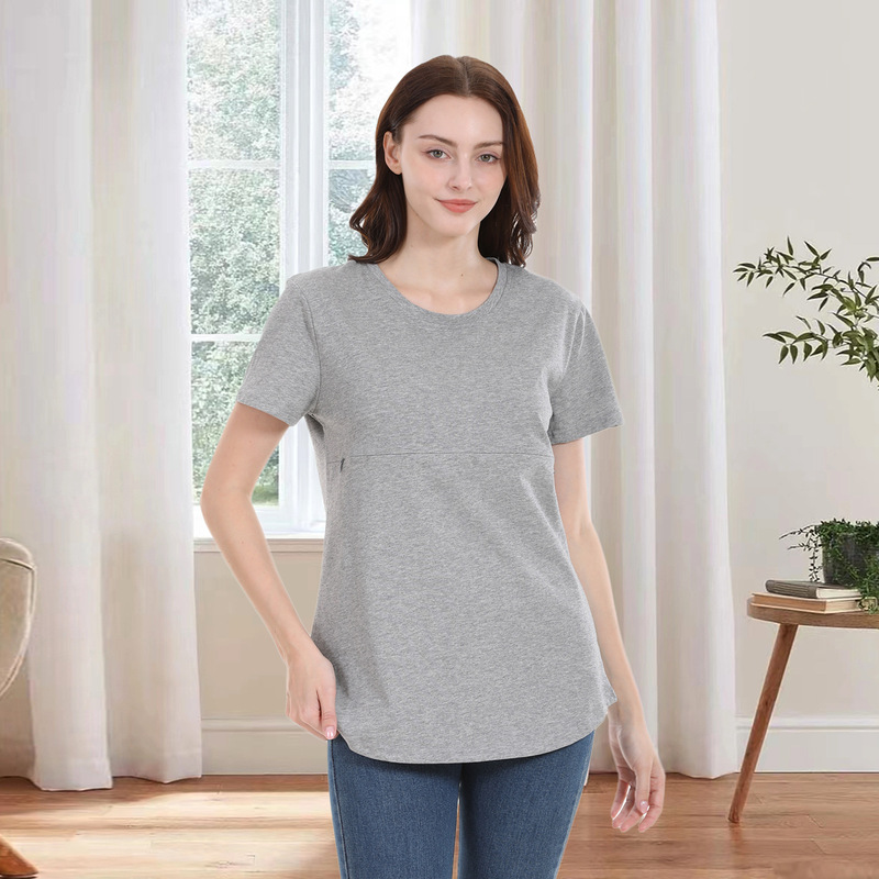 夏の辛いお母さんの妊婦の半袖のtシャツの純綿のファスナーの授乳服の家庭の底のシャツの欧米の大きいサイズは現物を提供します。|undefined