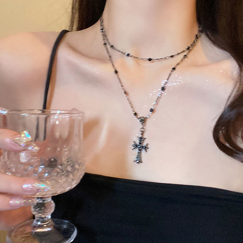 Dark Zircon Cross Beaded Necklace for Women, Summer Trendy Long Double-Layered Neck Chain, Niche Light Luxury Clavicle Chain