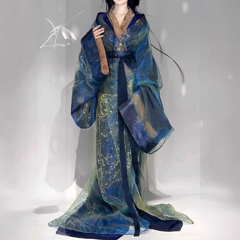 Blue Dazzling Gold-Woven New Style Hanfu Costume with a Gorgeous Train, Straight Hem, and Large Size for a Realistic Ancient Look