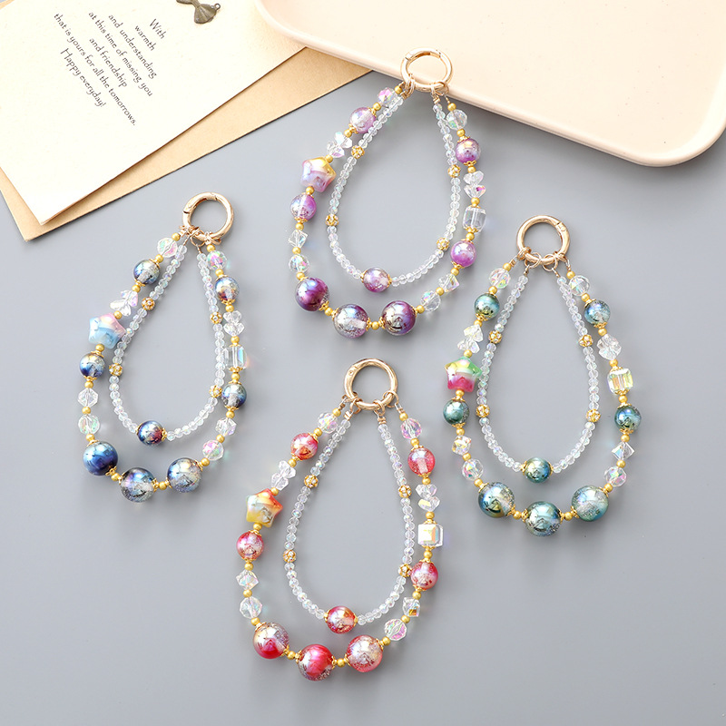 Colorful stars mermaid beaded mobile phone pendant double chain key chain pendant accessories bag hanging accessories