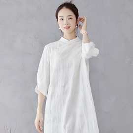 清新文艺旗袍灯笼袖白色七分袖棉麻剪花品版新中式复古白色女夏季