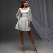 外贸长袖短款轻婚纱小个子平时可穿连衣裙简约气质宴会晚礼服显瘦