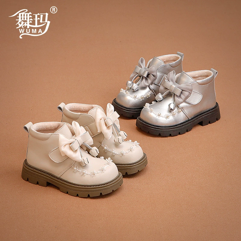 Сапоги для девочек Детские кожаные сапоги принцессы 2024 новый зимний стиль девушка с бархатным бантом на мягкой подошве